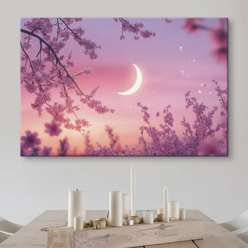Pictură pe pânză Floare de cireș, cer roz cu lună strălucitoare, realism Nr s44715 Promoție