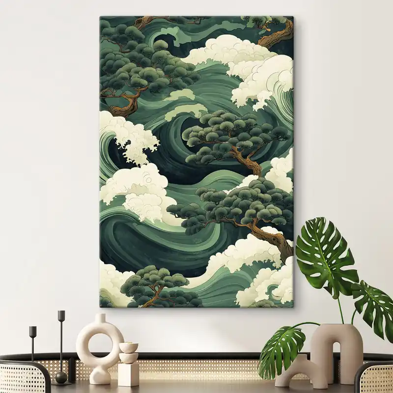 Pictură pe pânză Desen în stil chinezesc cu valuri de mare și pini Nr s44719 Expediere rapidă