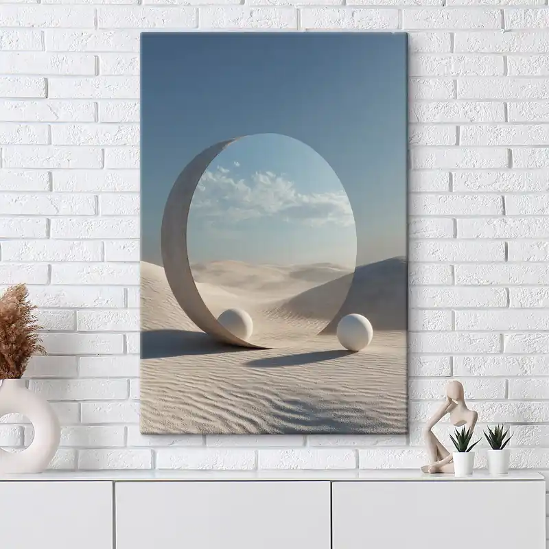 Pictură pe pânză Peisaj deșertic suprarealist cu o oglindă rotundă care reflectă cerul și luna Nr s44792 Discount