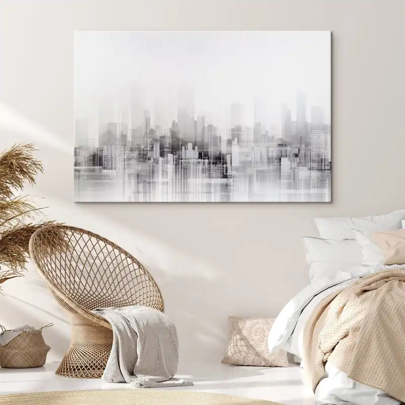 Vezi acum Pictură pe pânză Peisaj urban minimalist texturat cu clădiri înalte și zgârie-nori, profilate pe un cer alb Nr s44863