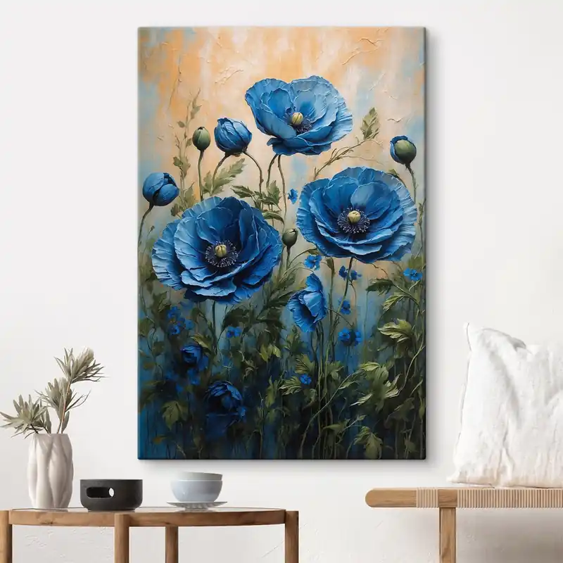 Pictură pe pânză Poppies albastru pe un fundal pastel cu frunze Nr s44882 Livrare rapidă