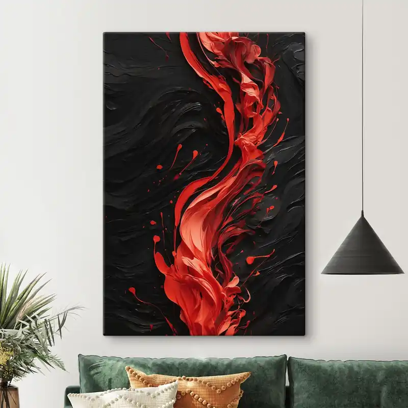 Premium Pictură pe pânză Flux de vopsea roșie pe fundal abstract negru Nr s44889