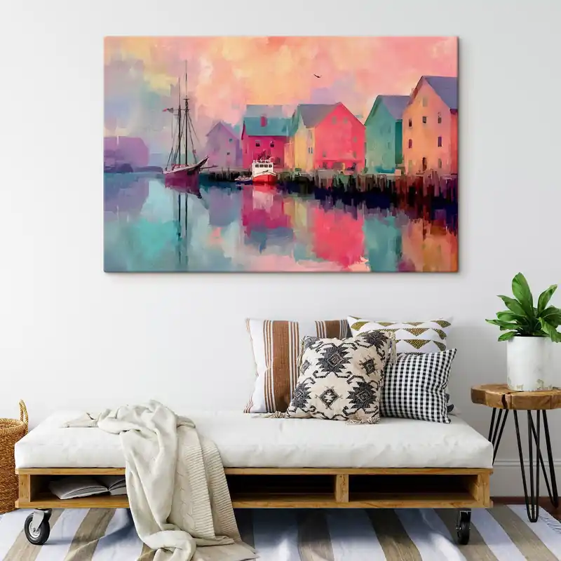 Pictură pe pânză Case colorate lângă apă în stil Brushstroke Nr s44837 Bestseller