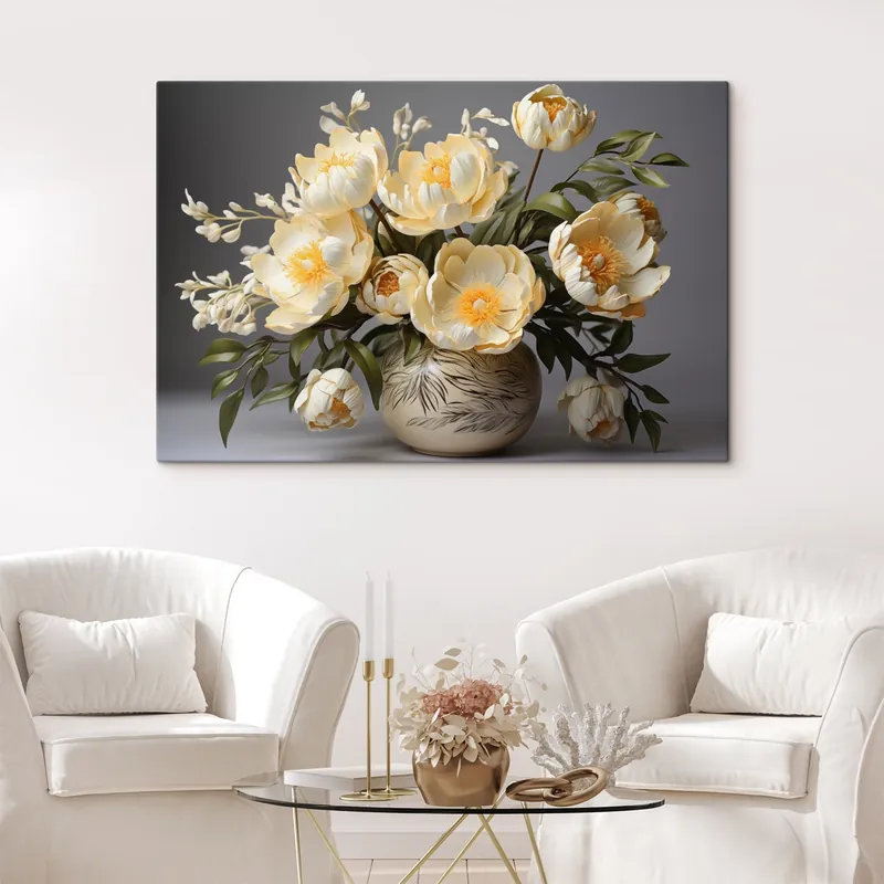 Reduceri Pictură pe pânză Flori delicate cu centre galbene într-o vază cu model Nr s44847