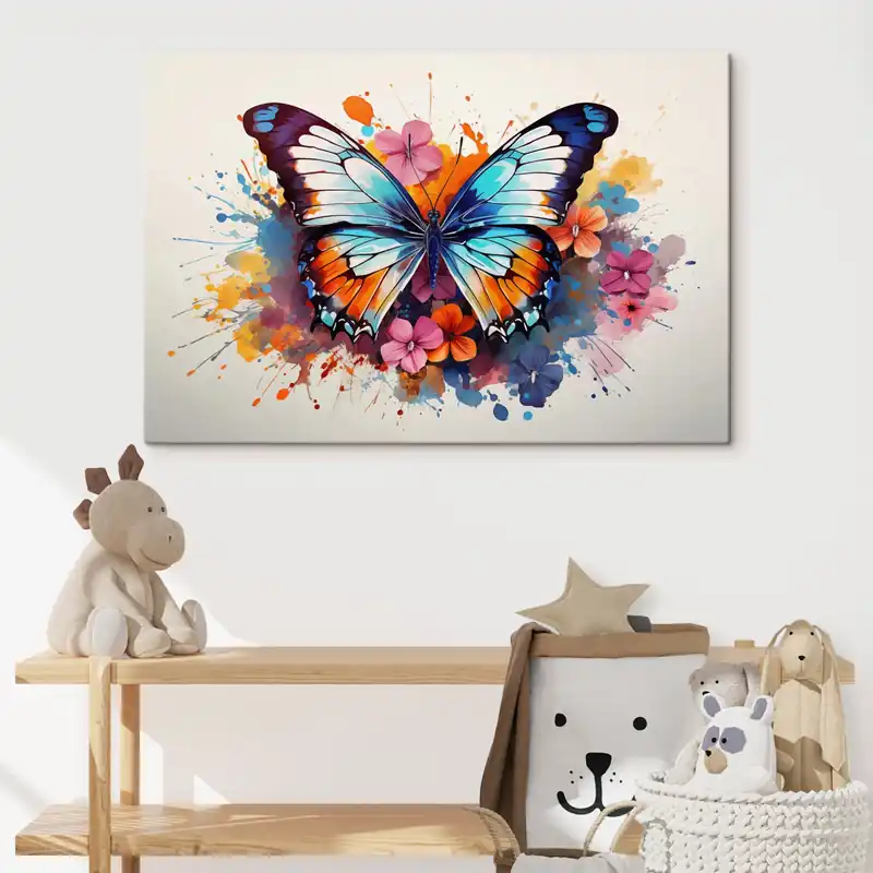 Disponibil imediat Pictură pe pânză Compoziție dinamică a unui fluture și pete florale în stil artistic Nr s44943