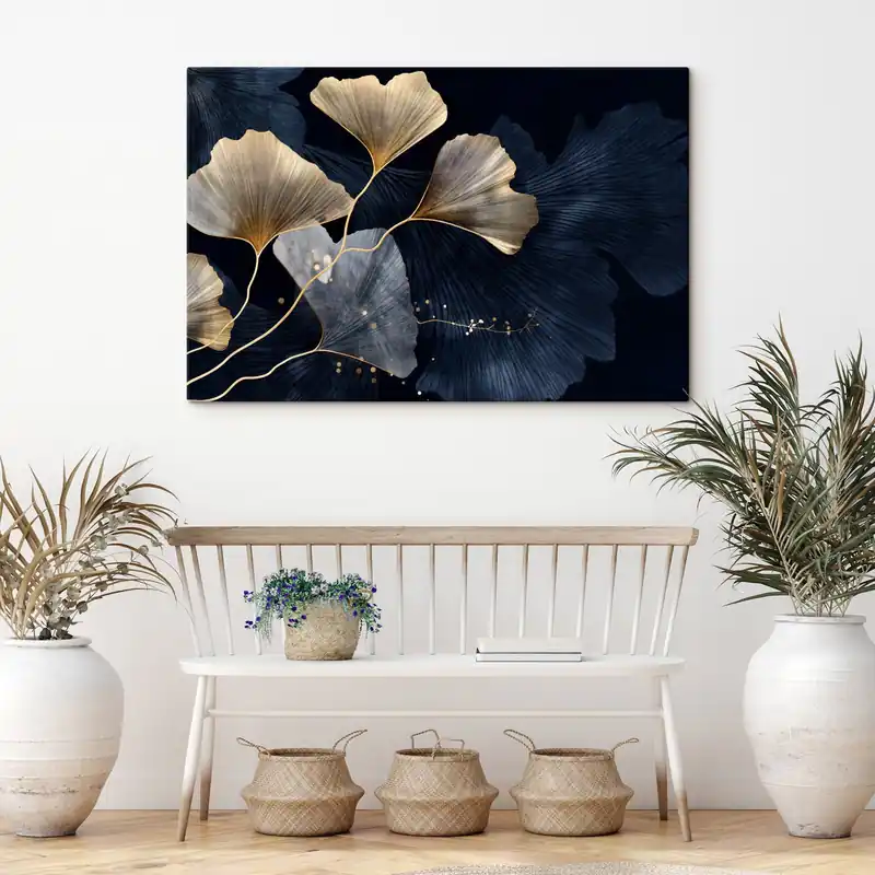 Pictură pe pânză Frunze Ginkgo în tonuri de galben și albastru, fundal întunecat elegant, artă modernă, stil minimalist, inspirat din natură Nr s44921 Super ofertă