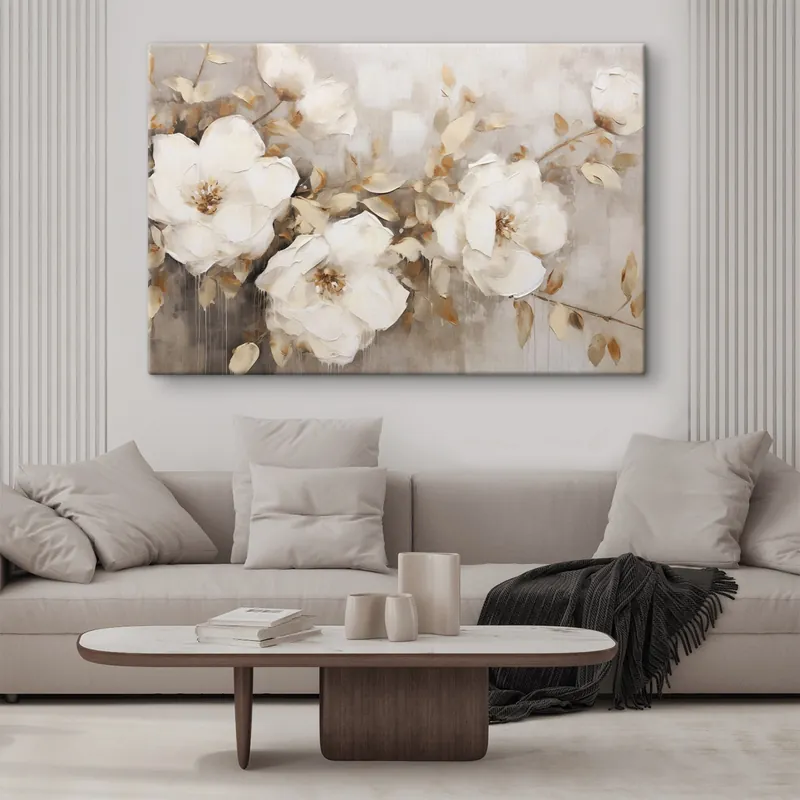 Pictură pe pânză Flori albe cu frunze maro pe un fundal bej, imitație pictură în ulei, aranjament floral, artă botanică Nr s44922 Livrare rapidă