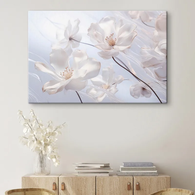 Preferatul clienților Pictură pe pânză Flori albe cu petale translucide, fundal albastru deschis moale, elegant, romantic, delicat, visător Nr s44931