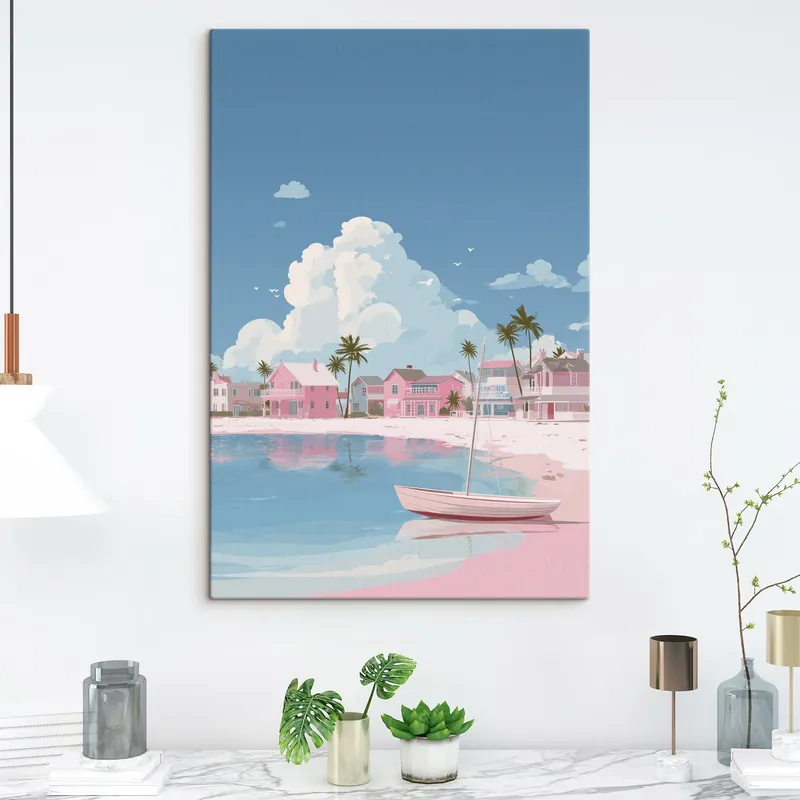 Pictură pe pânză Plajă de vară roz colorată Nr s44985 Reducere