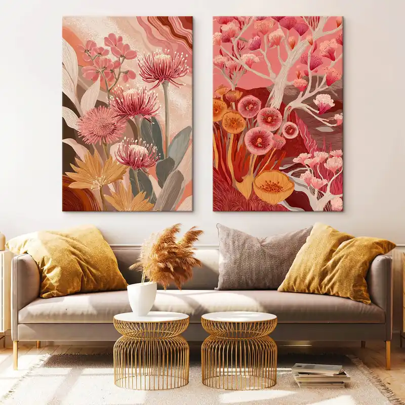 Pictură pe pânză Boho stil flori, desen detaliat, culori burgundy Nr m00476 Expediere rapidă