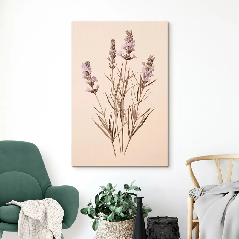 Pictură pe pânză lavanda, botanic, fundal bej, violet moale, frunze, floral, natural, tulpină Nr s45100 Cumpără online