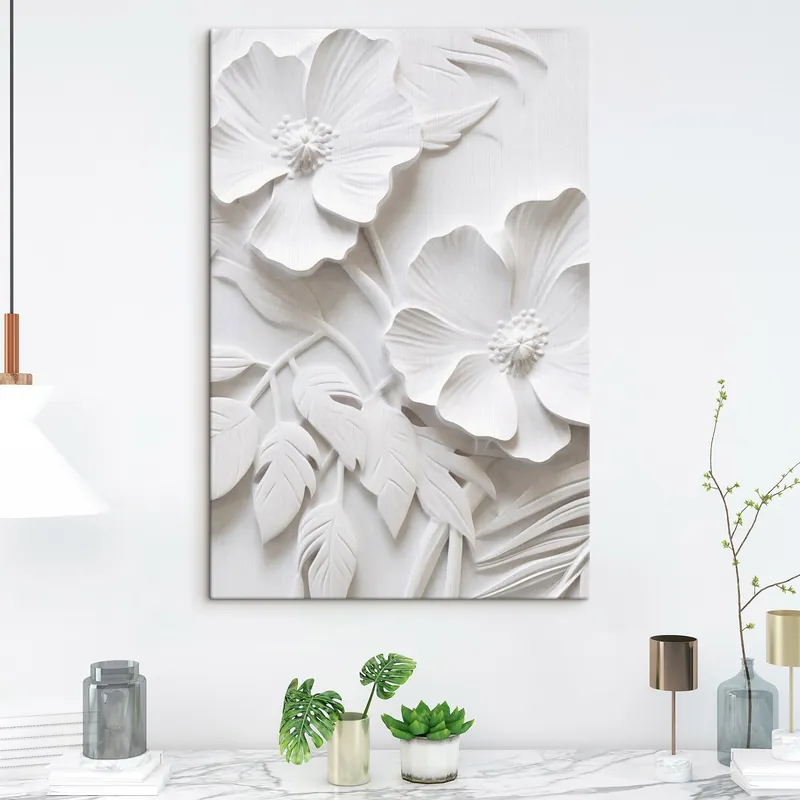 Pictură pe pânză Decorative minimaliste flori albe cu frunze, imitație de relief, fundal alb Nr s45179 Noutate