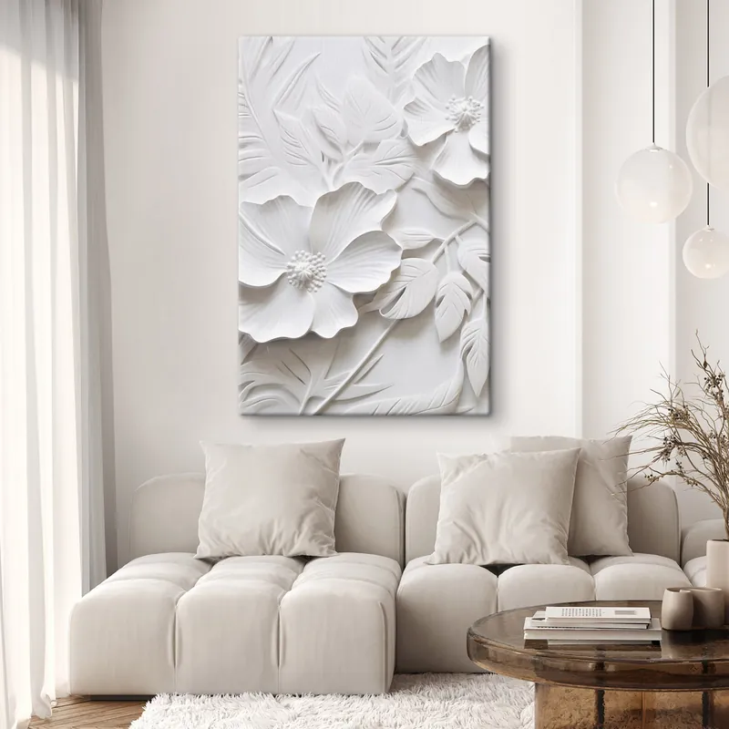 Retur ușor Pictură pe pânză Decorative minimaliste flori albe cu frunze, imitație de relief, fundal alb Nr s45180