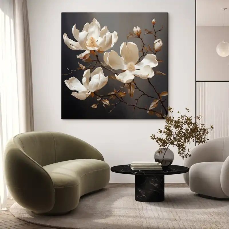 Pictură pe pânză Magnolii albe pe un fundal întunecat în stil pictural Nr s45038 Reducere specială