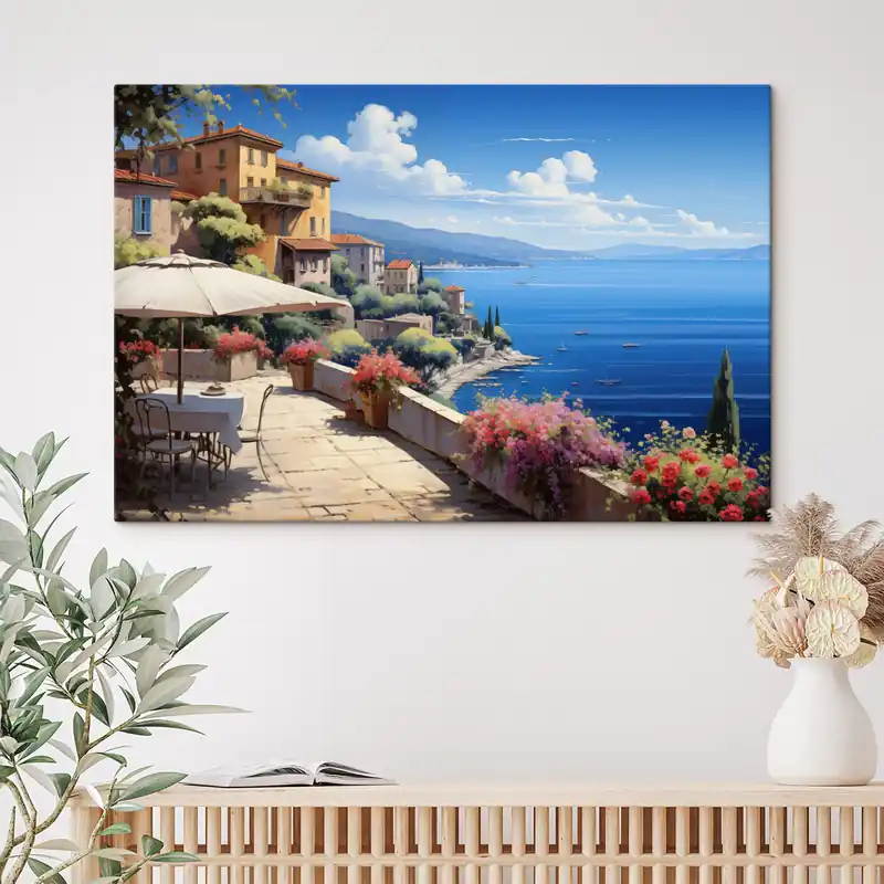 Pictură pe pânză Peisaj mediteranean cu terasă înfloritoare în stil artistic Nr s45053 Nu rata