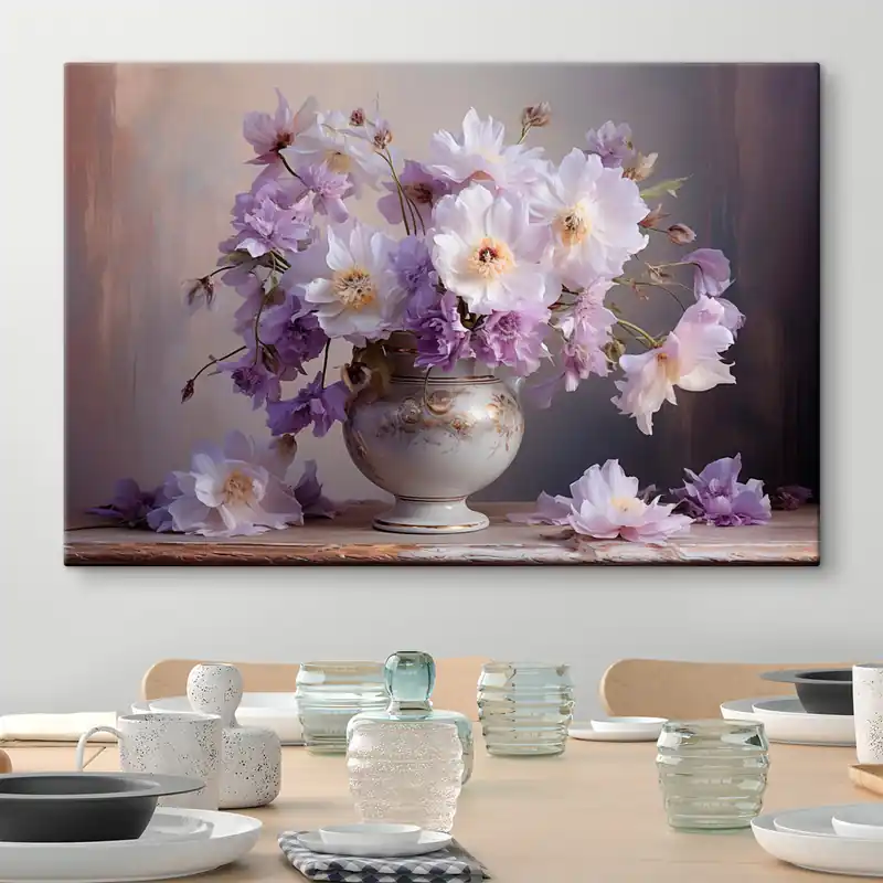 Reducere Pictură pe pânză Natură statică florală flori albe și violet în stil artistic Nr s45058