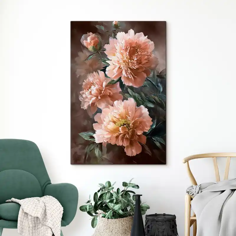 Pictură pe pânză Bujor roz luxuriant pe un fundal în tonuri calde în stil brushstroke Nr s45260 Bestseller