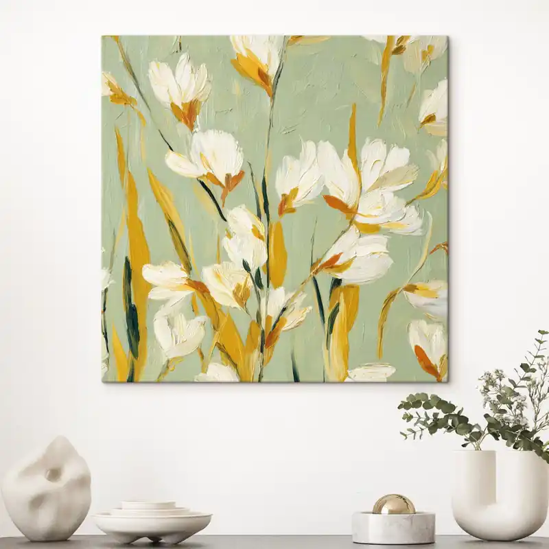 Pictură pe pânză Flori albe cu accente galbene pe un fundal de mentă în stil brushstroke Nr s45264 Bestseller