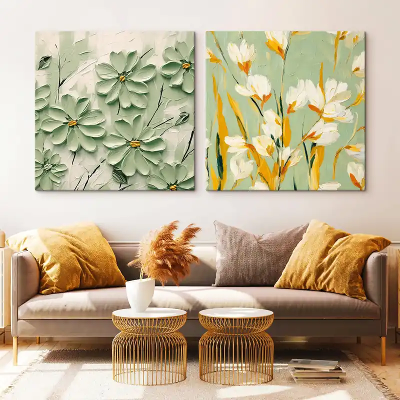 Preț mic Pictură pe pânză Pajiște de flori compoziție artistică cu flori volumetrice pe un fundal pastel Nr m00567