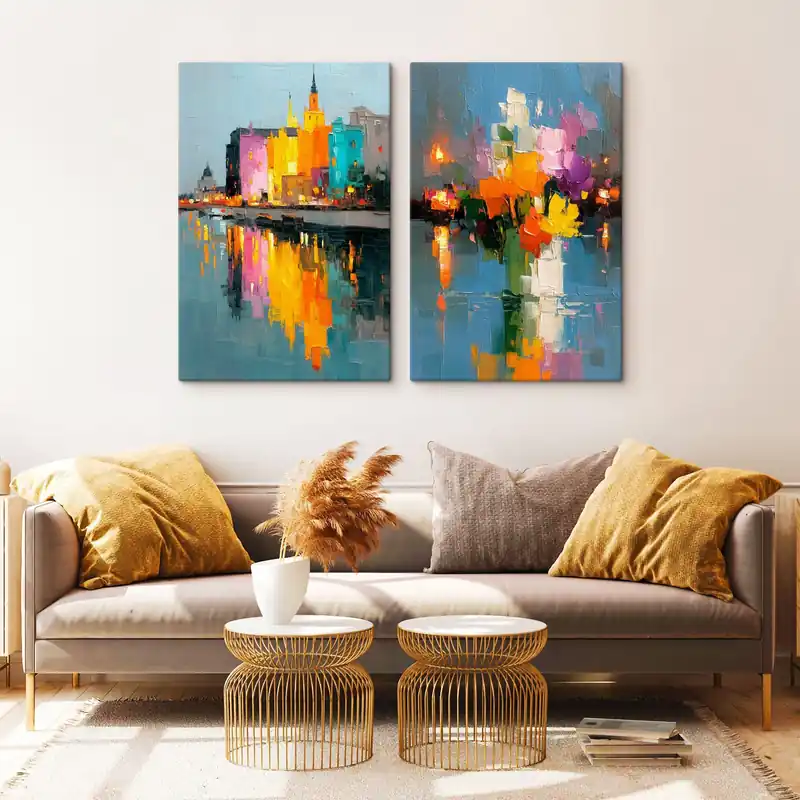 Pictură pe pânză Dinamica orașului compoziție abstractă cu reflexii de lumini pe râu Nr m00569 Bestseller
