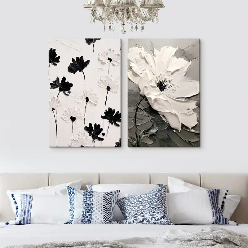 Cumpărături sigure Pictură pe pânză Diptych cu flori albe și negre în stil modern Nr m00571