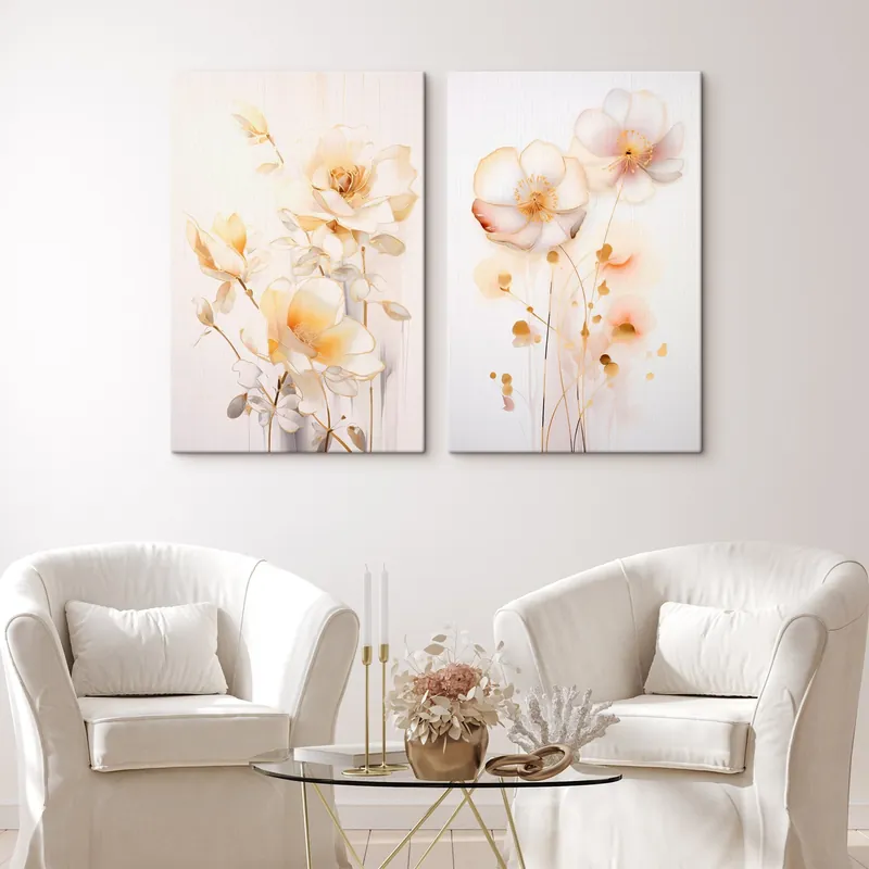 Cumpără acum Pictură pe pânză Duet floral diptic delicat în stil acuarelă cu linii elegante Nr m00577