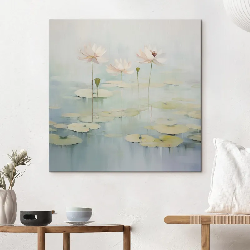 Pictură pe pânză Frunze și flori de lotus pe iaz Nr s45350 Reducere specială