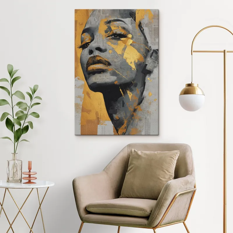 Disponibil imediat Pictură pe pânză Portret în media mixtă cu fragmente de ziar și tușe decorative Nr s45419