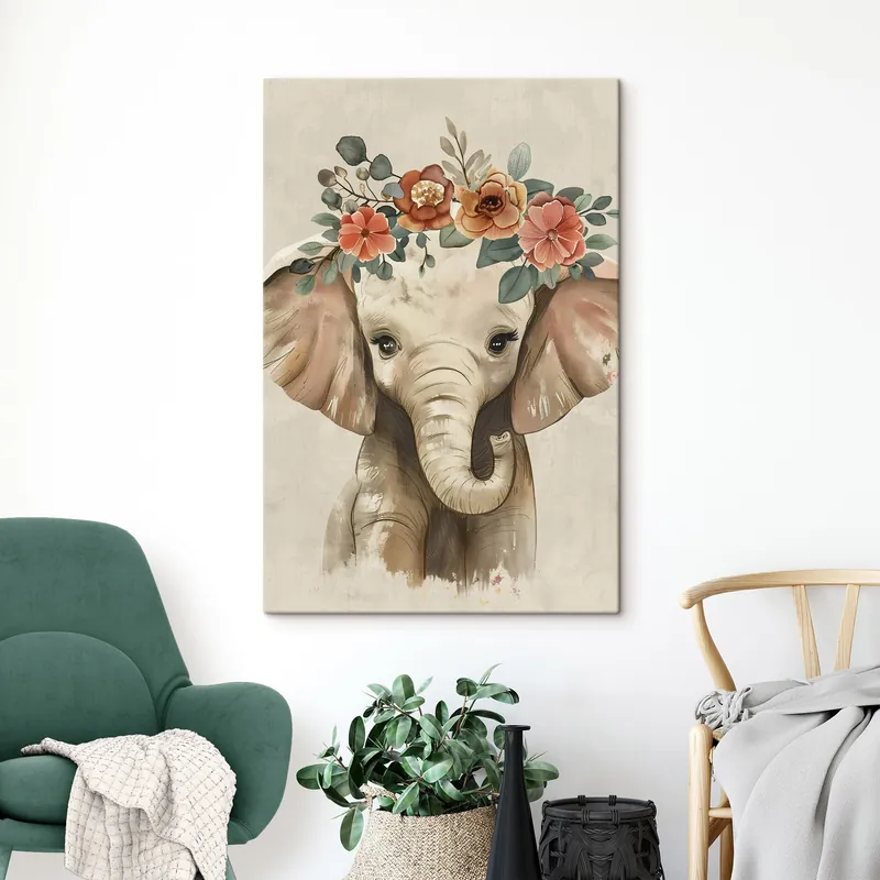 Pictură pe pânză Elefant drăguț de acuarelă cu flori Nr s45330 Retur gratuit