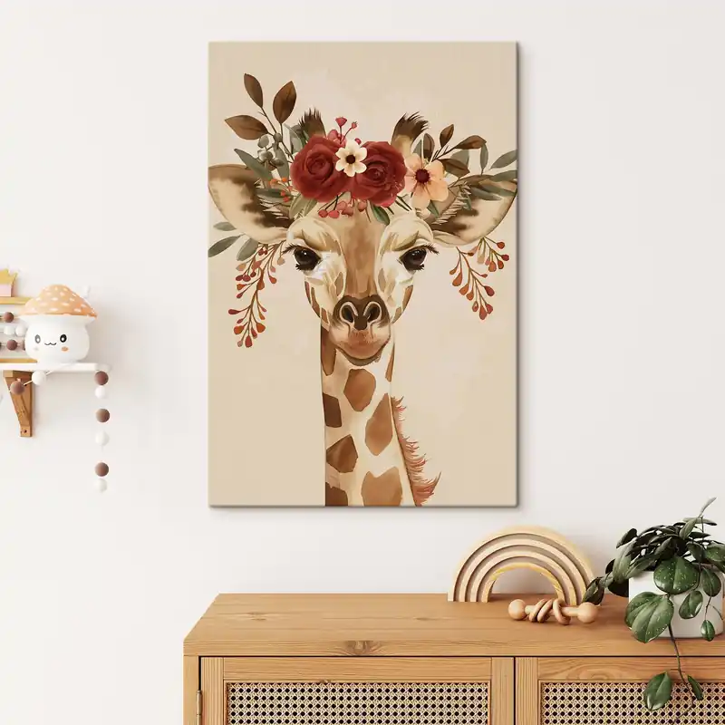 Pictură pe pânză Girafă în stil acuarelă cu flori pe cap Nr s45331 Cel mai bun preț