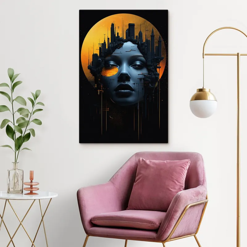 Pictură pe pânză Oameni, fata fata lui pe un fundal de oraș, abstract Nr s45341 Premium