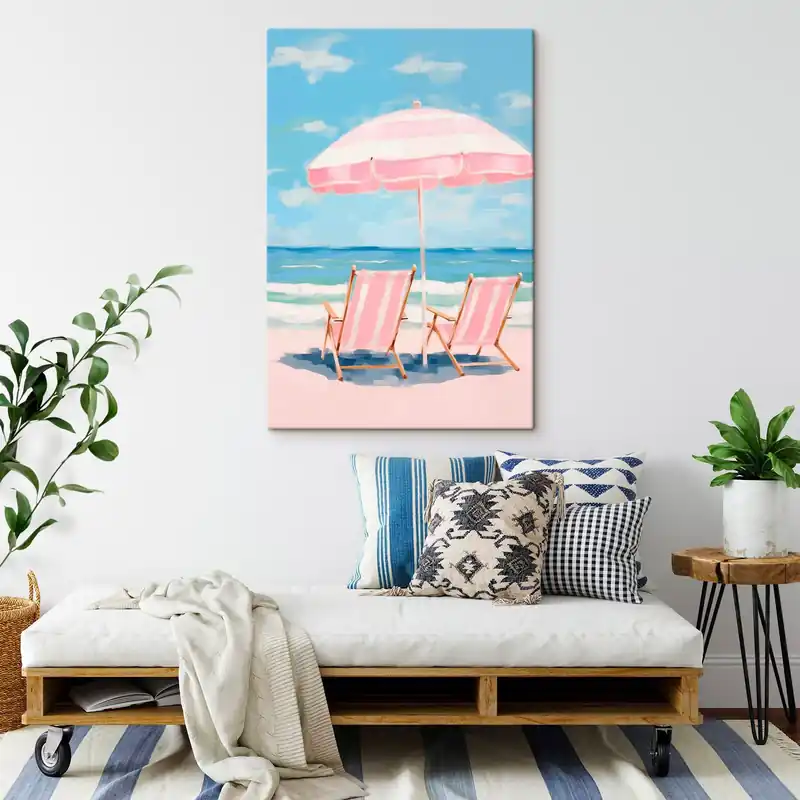 Pictură pe pânză Umbrelă de plajă și șezlonguri pe coastă Nr s45442 Calitate înaltă