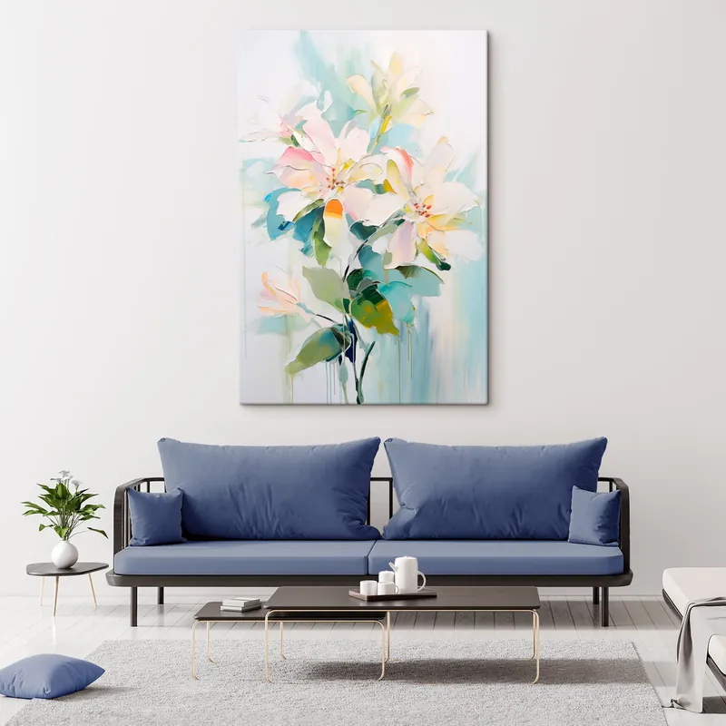 Ultima șansă Pictură pe pânză Flori cu accente colorate, frunze verzi, moale brushstrokes ulei pictura imitație, fundal albastru deschis Nr s45549