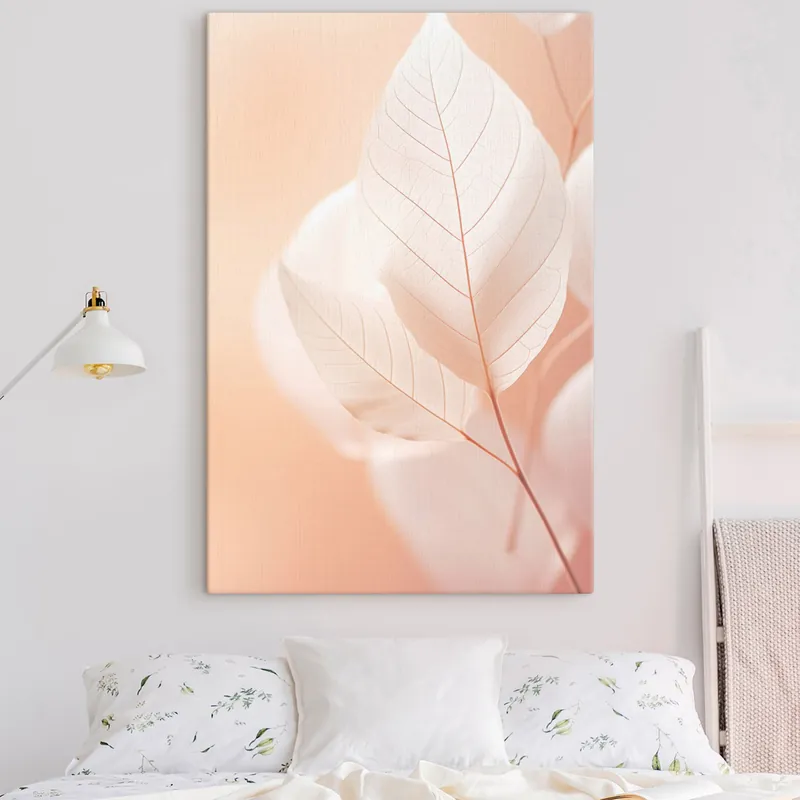 Pictură pe pânză Frunze delicate, translucide, cu modele complexe de vene, fundal piersică moale, compoziție botanică minimalistă Nr s45555 Calitate înaltă