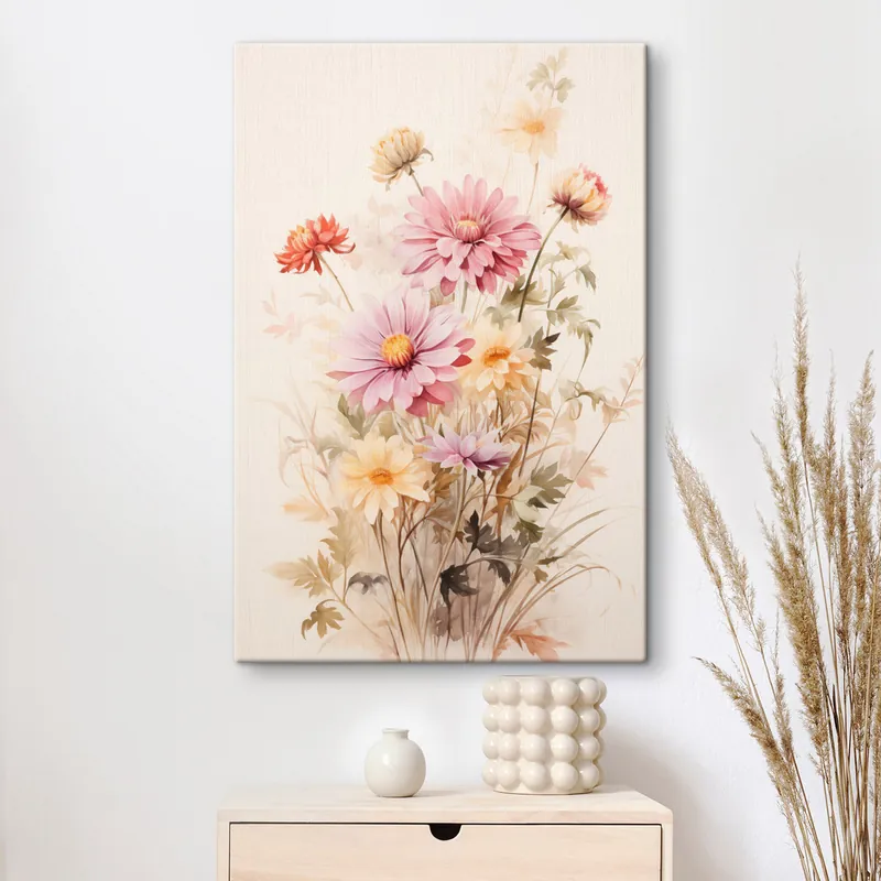 Preț redus Pictură pe pânză Un buchet de flori colorate, stil acuarelă moale, pe un fundal ușor, ilustrație botanică Nr s45560