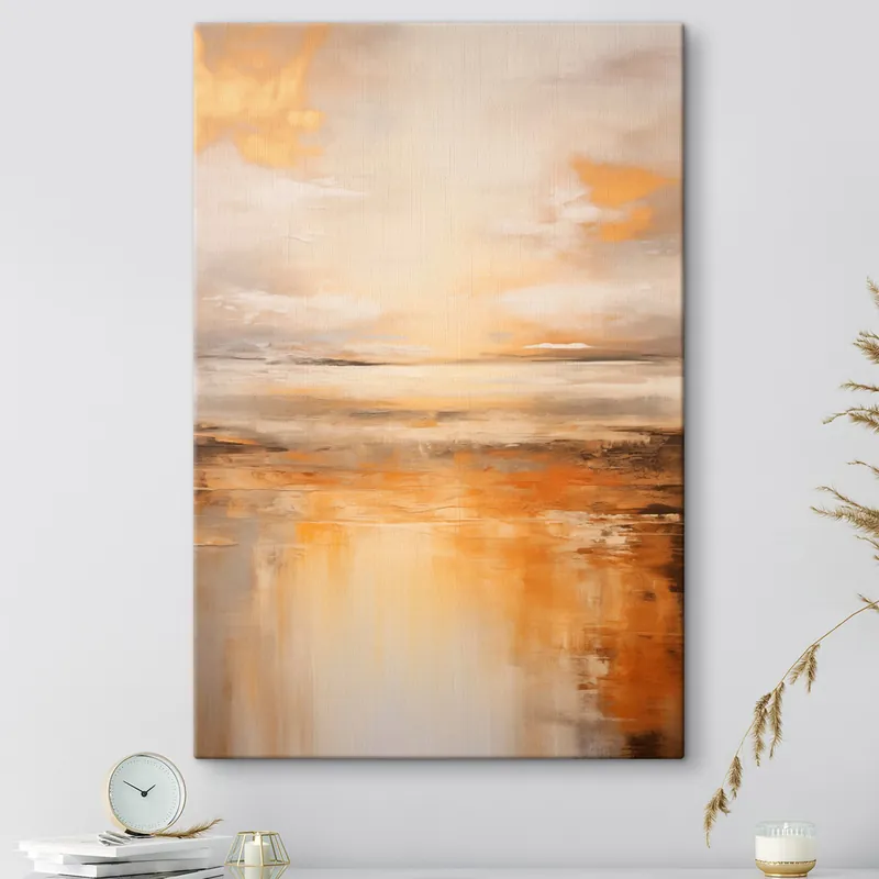 Reducere de preț Pictură pe pânză O pictură abstractă a unui peisaj de plajă cu un ocean calm, nisip portocaliu și un cer noros cu soare Nr s45567