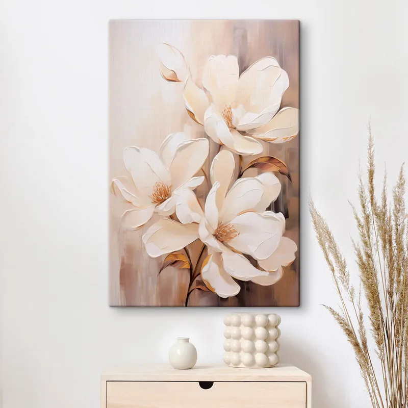 Ofertă limitată Pictură pe pânză Flori albe de magnolie pe un fundal blând, estompat de tonuri bej și maro, compoziție florală elegantă Nr s45571