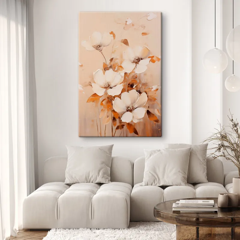 Pictură pe pânză Flori albe cu frunze portocalii, tușe delicate, paletă de culori calde, compoziție elegantă Nr s45573 Popular