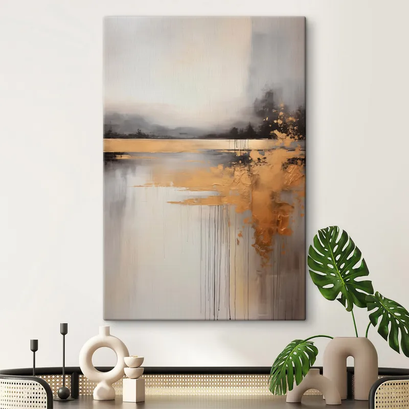 Promoție Pictură pe pânză Peisaj abstract texturat cu un râu și copaci întunecați în fundal, cerul este înnorat Nr s45576