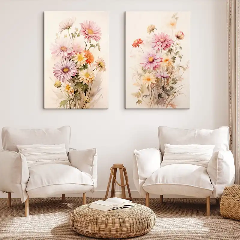 Calitate înaltă Pictură pe pânză Un buchet de flori colorate, stil acuarelă moale, pe un fundal ușor, ilustrație botanică Nr m00649