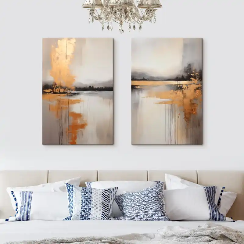 Pictură pe pânză Un peisaj abstract cu un lac, copac și ceață galbenă , apa reflectă și cerul înnorat Nr m00657 Livrare expres