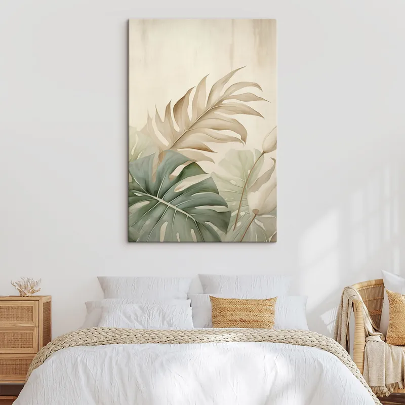 Pictură pe pânză Frunze tropicale pe fundal luminos Nr s45617 Ofertă de sezon