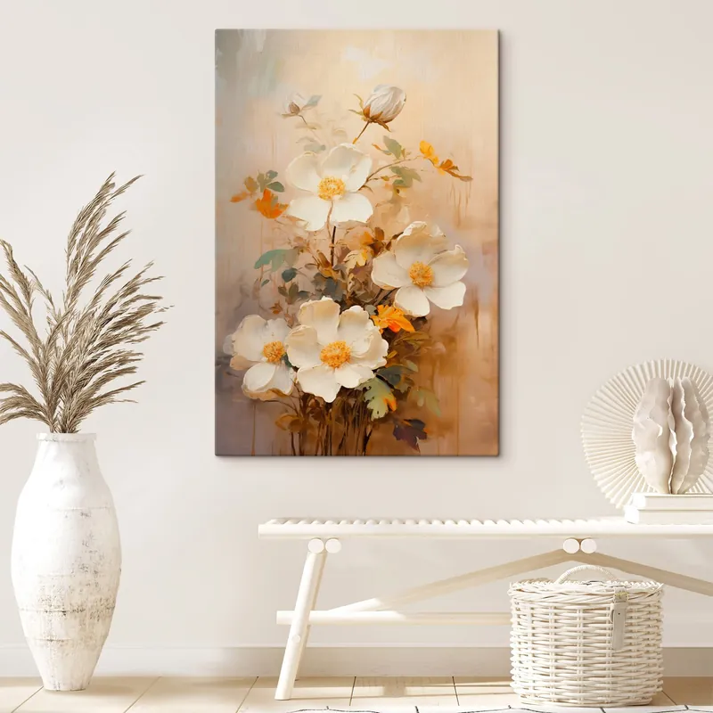 Ofertă Pictură pe pânză Flori albe compoziție picturală în tonuri pastelate Nr s45533