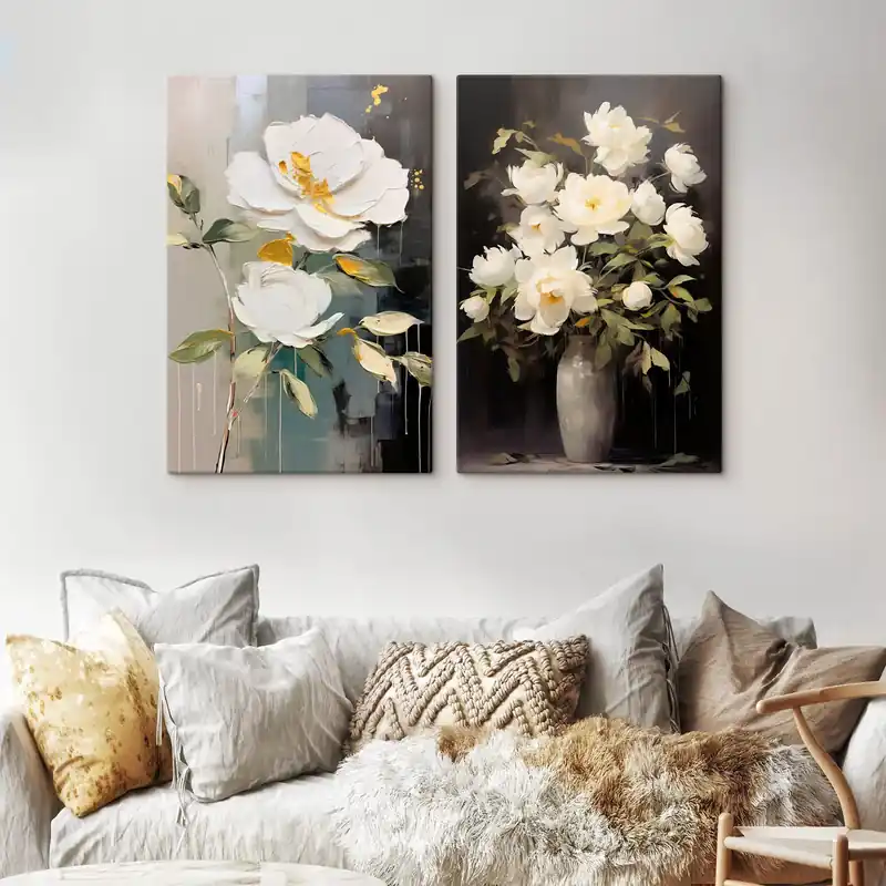 Pictură pe pânză Bujorii albe pe un fundal întunecat compoziție decorativă Nr m00634 Preț promoțional