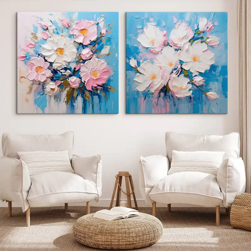 Reducere de preț Pictură pe pânză Flori abstracte compoziție decorativă în tonuri de roz și albastru Nr m00643