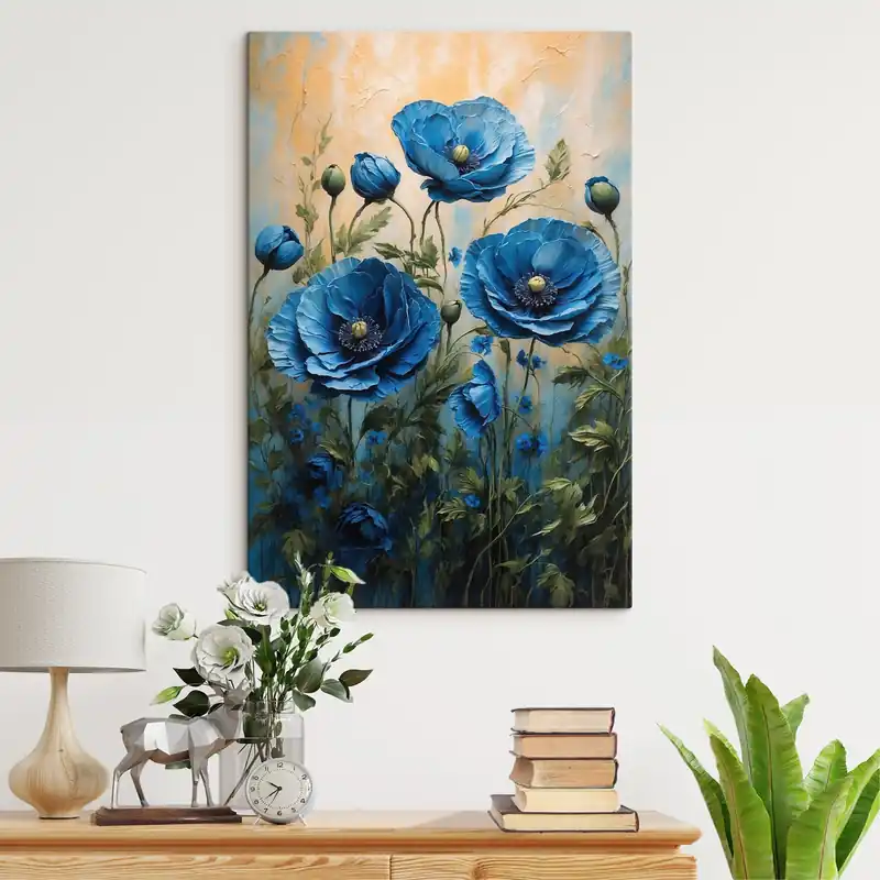 Reducere extra Pictură pe pânză Poppies mari albastre cu muguri pe un fundal deschis Nr s45488