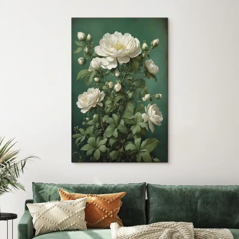 Pictură pe pânză Cream flori de bujor pe un fundal verde Nr s45491 Nu rata