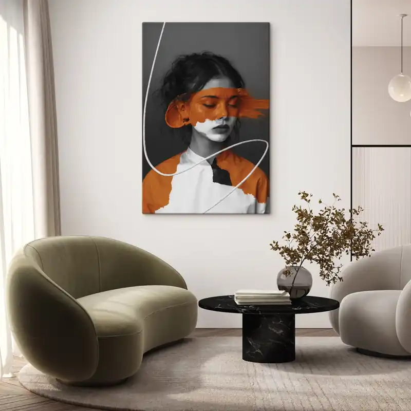 Pictură pe pânză Portret de fată cu o imagine abstractă portocalie Nr s45495 Comandă acum