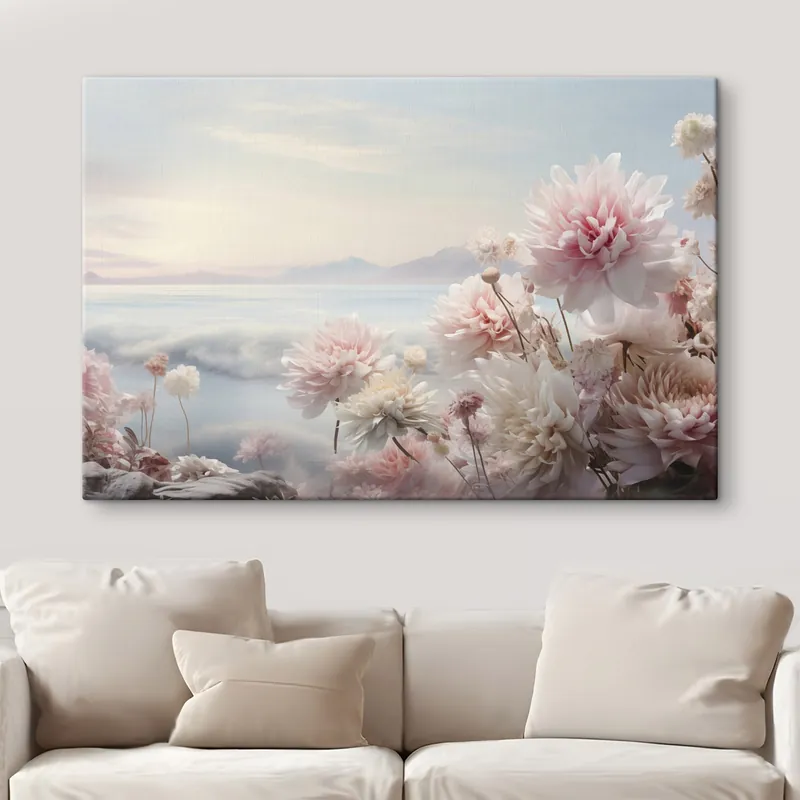 Pictură pe pânză Delicate flori roz pe malul mării în zori Nr s45496 Cumpără online