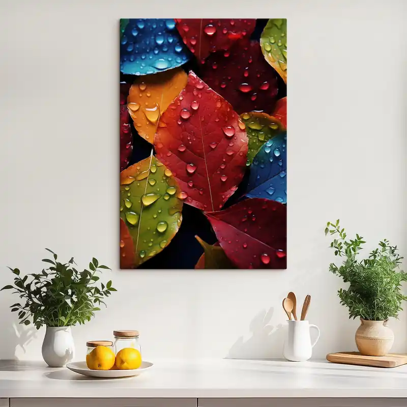 Plată sigură Pictură pe pânză Frunze colorate cu picături de apă Nr s45516